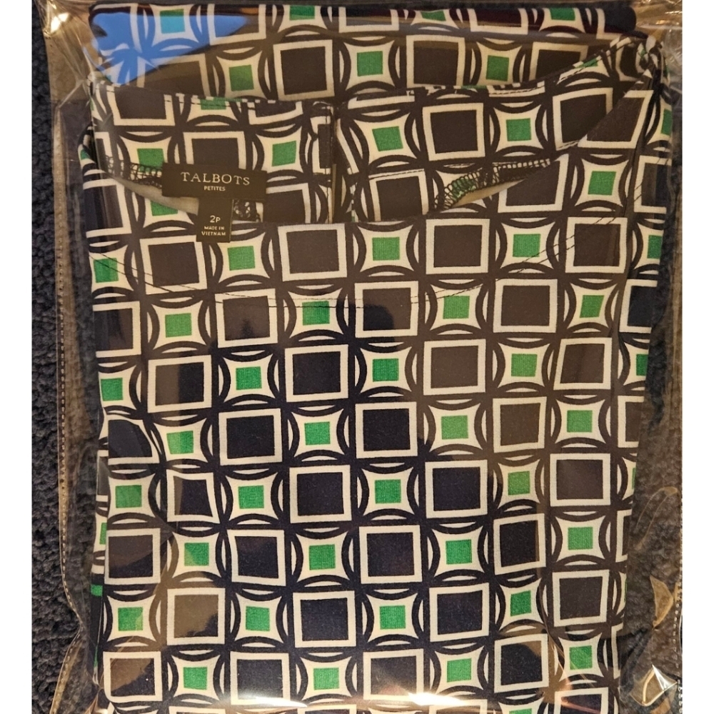 TALBOTS Women's Petite Blue & Green Geometric 1/2 Sleeve Mini Sheath Dress NWOT - Picture 14 of 14